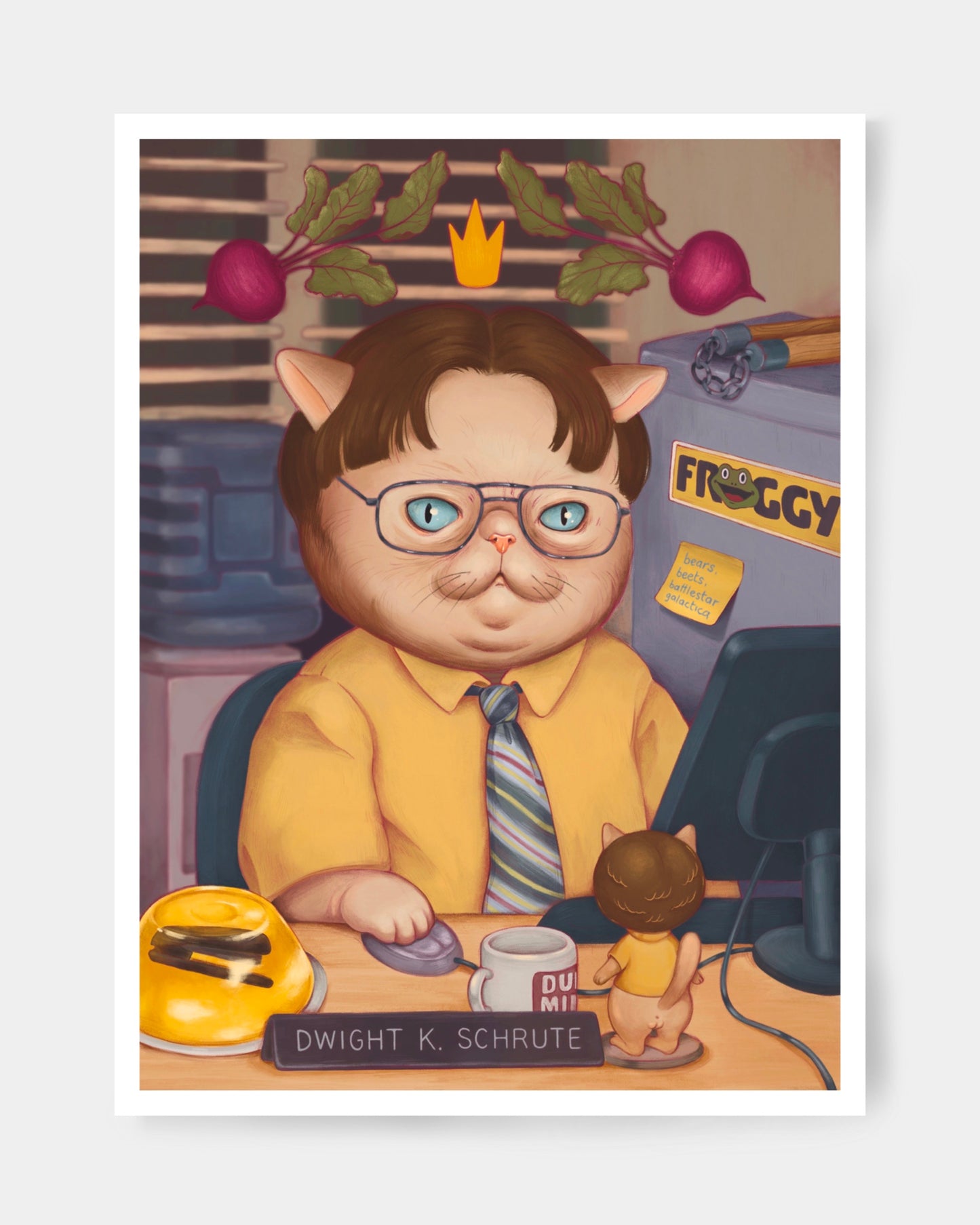Dwight Schrute di the Office USA in versione gatto, con barbabietole e tutta la sua postazione alla Dunder Mifflin. Stampa di Laura Bellini.