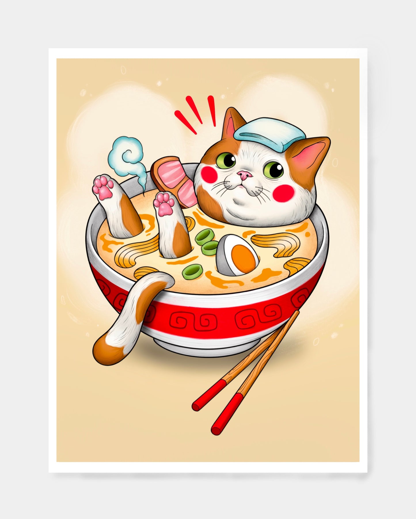 gattino giapponese alle terme: stampa con gatto immerso in ciotola di ramen con carne, uova e bacchette. Colori rosso, ocra, bianco.