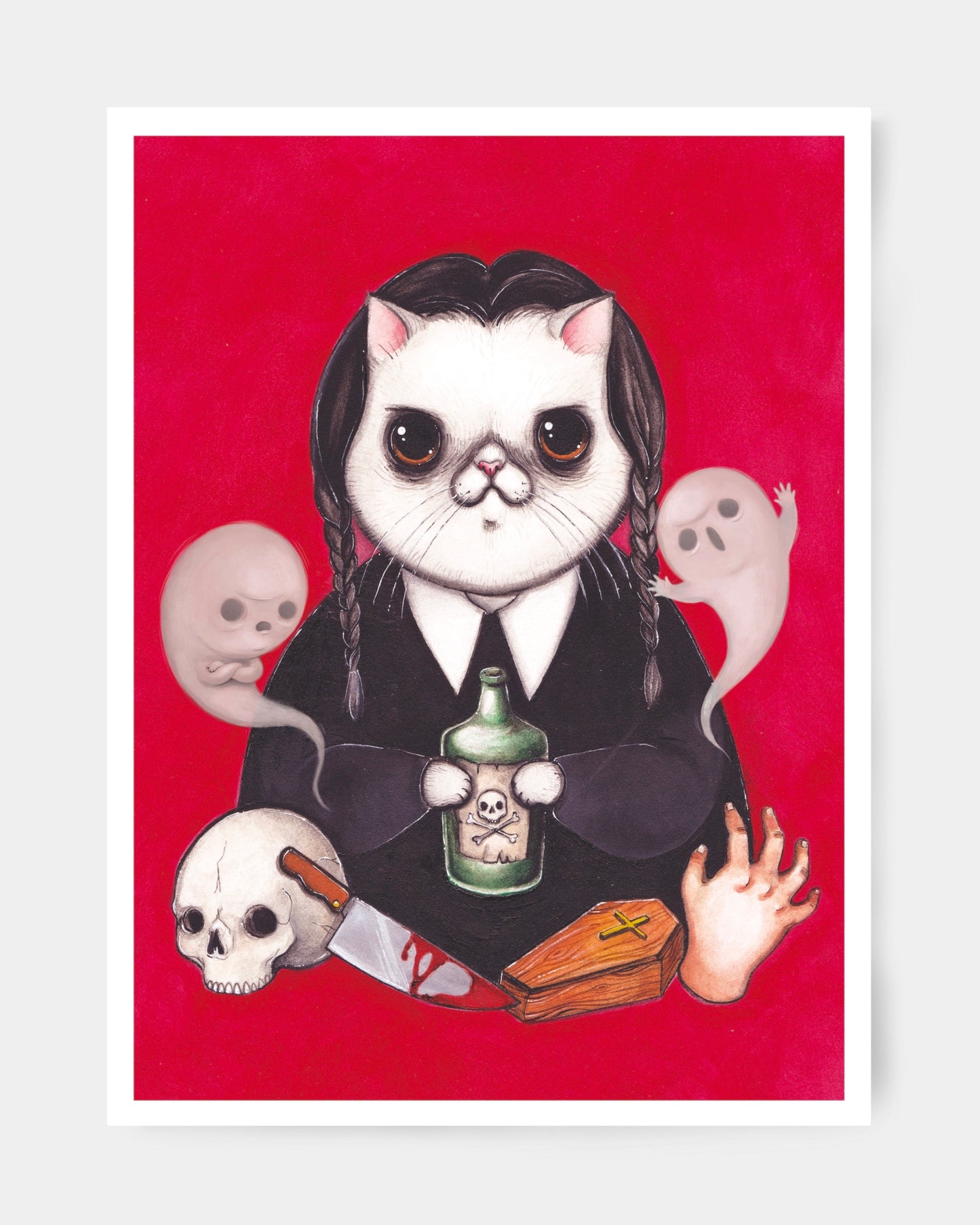 Mercoledì Addams in versione gatto con fantasmini e altre cose creepy goth cute