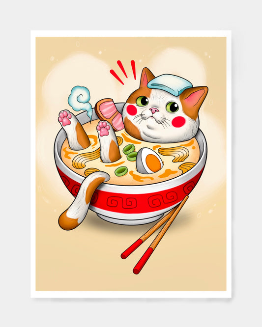 gattino giapponese alle terme: stampa con gatto immerso in ciotola di ramen con carne, uova e bacchette. Colori rosso, ocra, bianco.