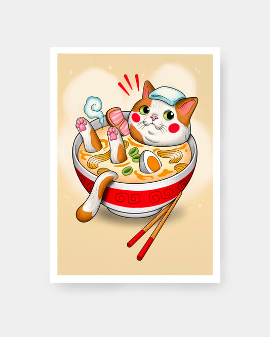 gattino giapponese immerso nel ramen, con bacchette. Il ramen somiglia a un bagno termale.