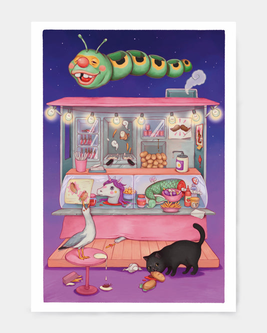 Chiosco dei panini del Poetto di Cagliari, stampa nei colori del blu, violetto, rosa. Con gatto, gabbiano, unicorno.