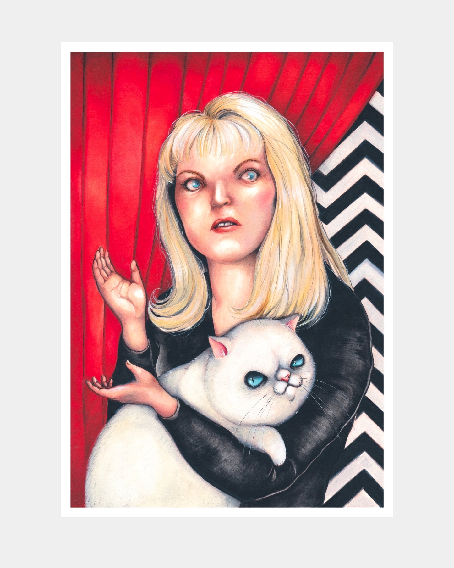 Laura palmer nella loggia nera con un gatto bianco