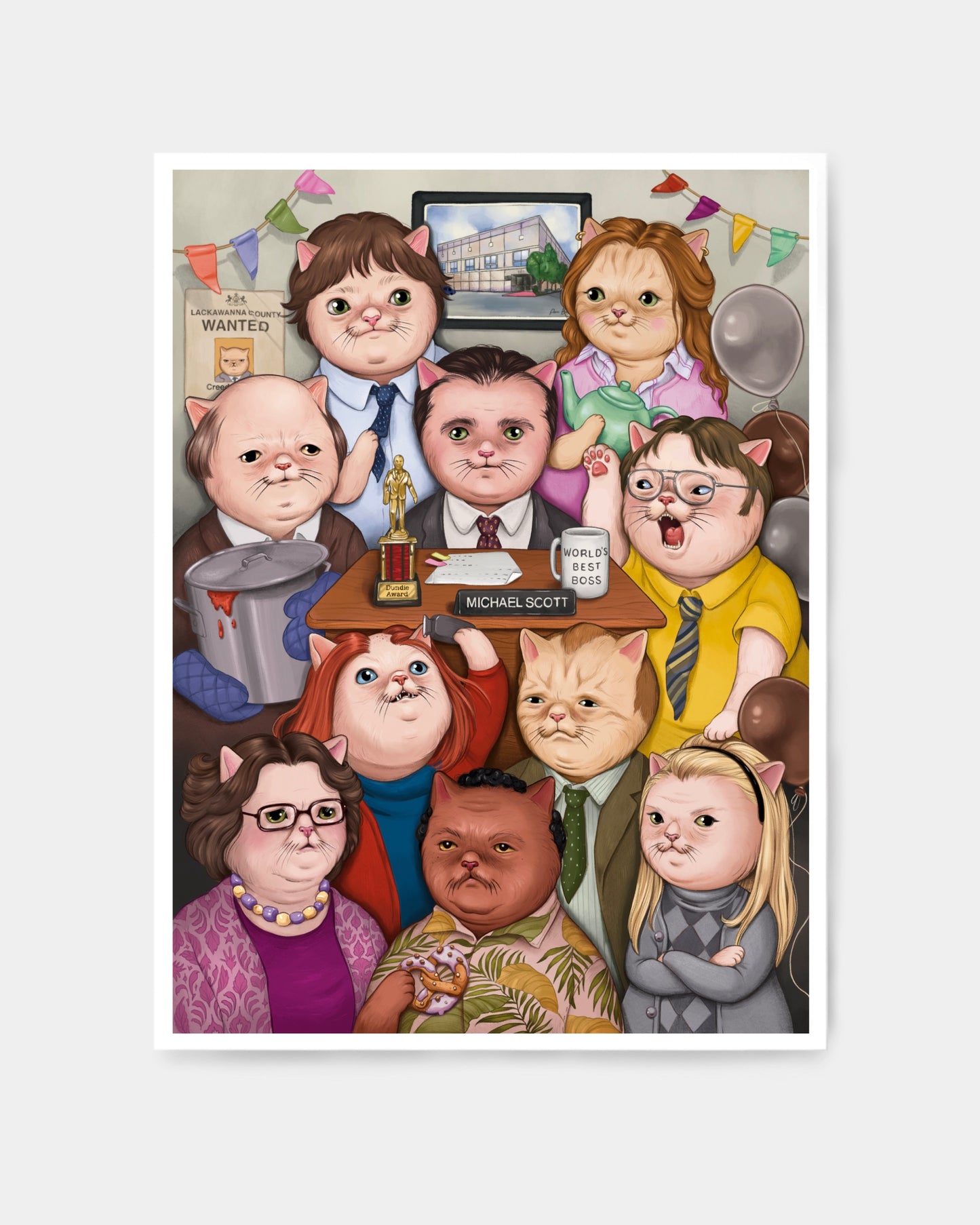 stampa con i personaggi della serie tv the office USA in versione gattino
