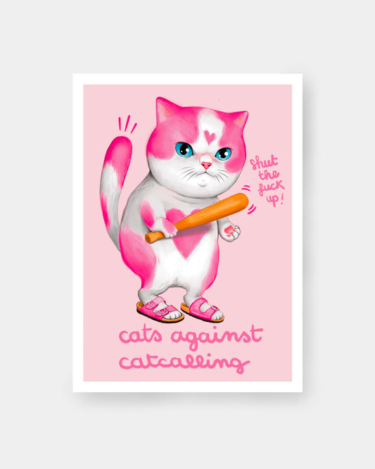 gattino rosa con birkenstock e mazza da baseball, cats against catcalling