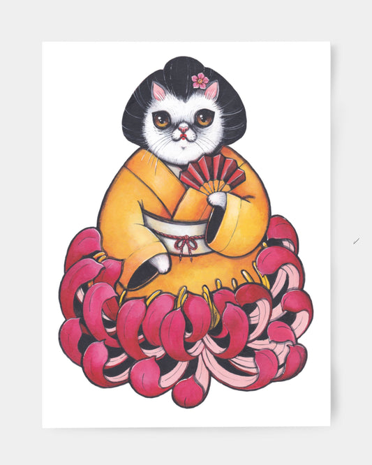 gatta geisha con kimono arancio e crisantemo rosa