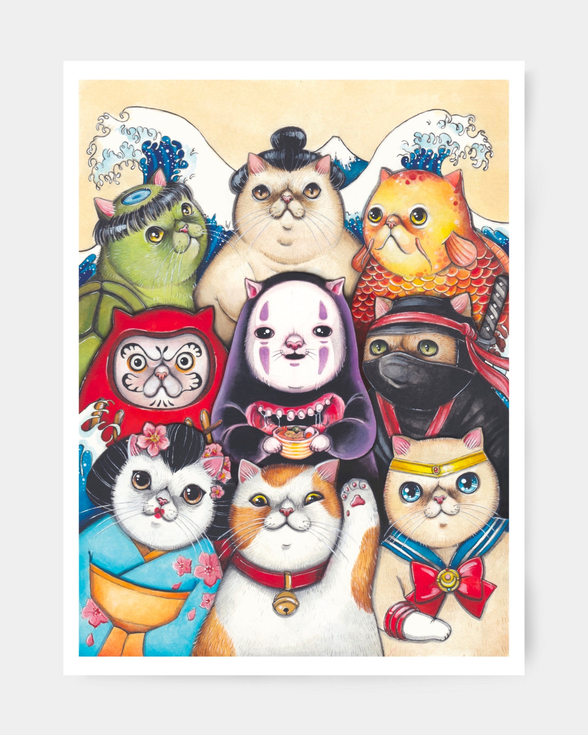 gatti ispirati al giappone con geisha, maneki neko, ninja, daruma e lottatore di sumo