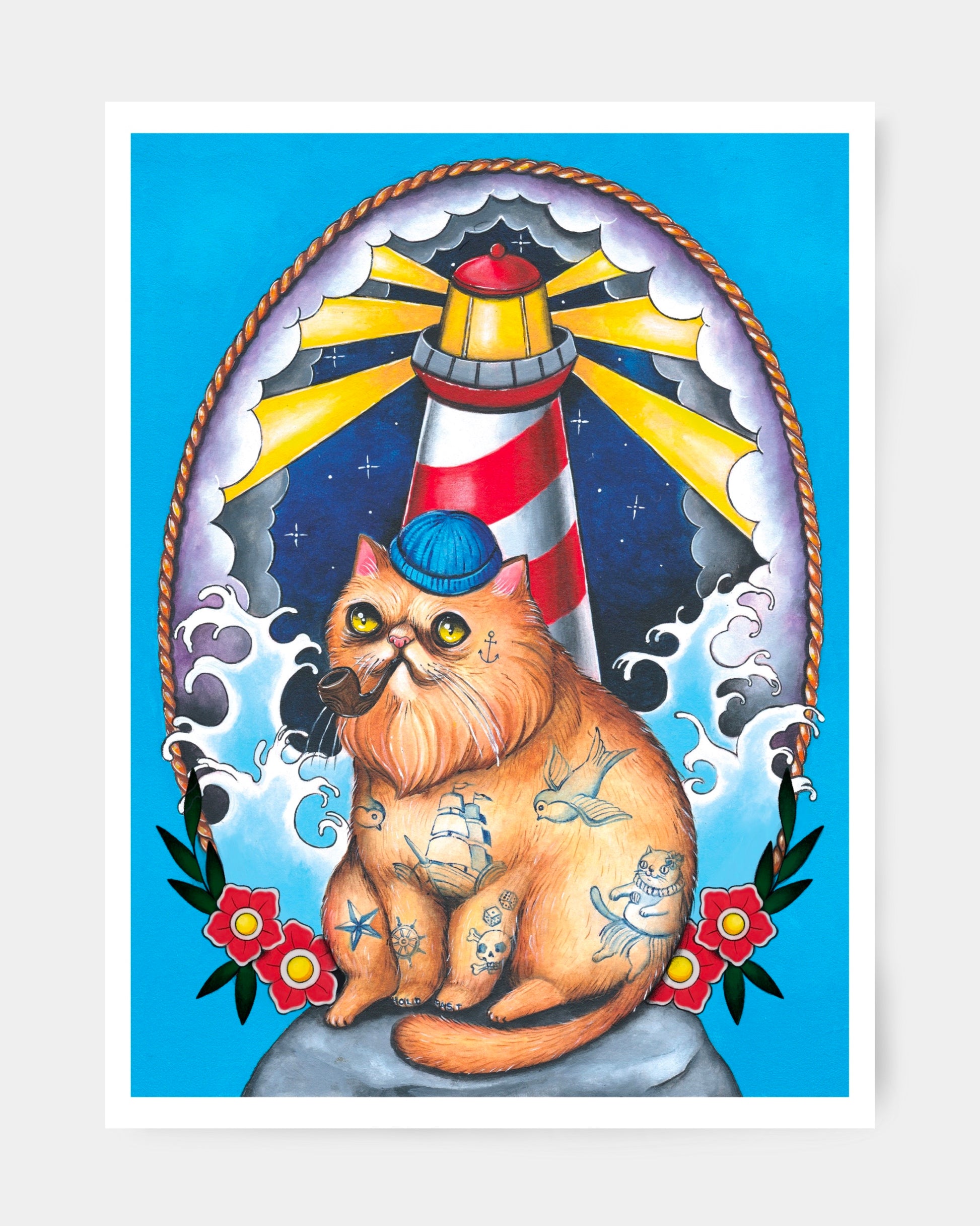 Gatto marinaio davanti a un faro con tatuaggi traditional