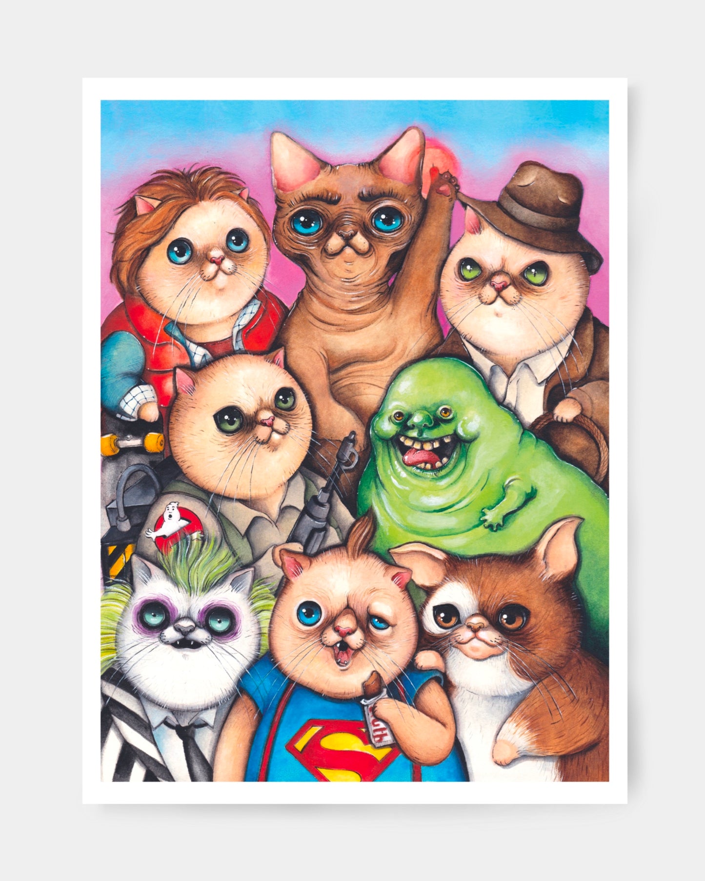 icone del cinema anni 80 in versione gatto illustrati da Laura Bellini ritorno al futuro, sloth dei goonies, indiana jones, beetlejuice e ghostbusters