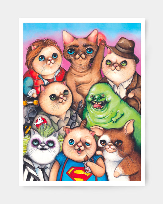 icone del cinema anni 80 in versione gatto illustrati da Laura Bellini ritorno al futuro, sloth dei goonies, indiana jones, beetlejuice e ghostbusters