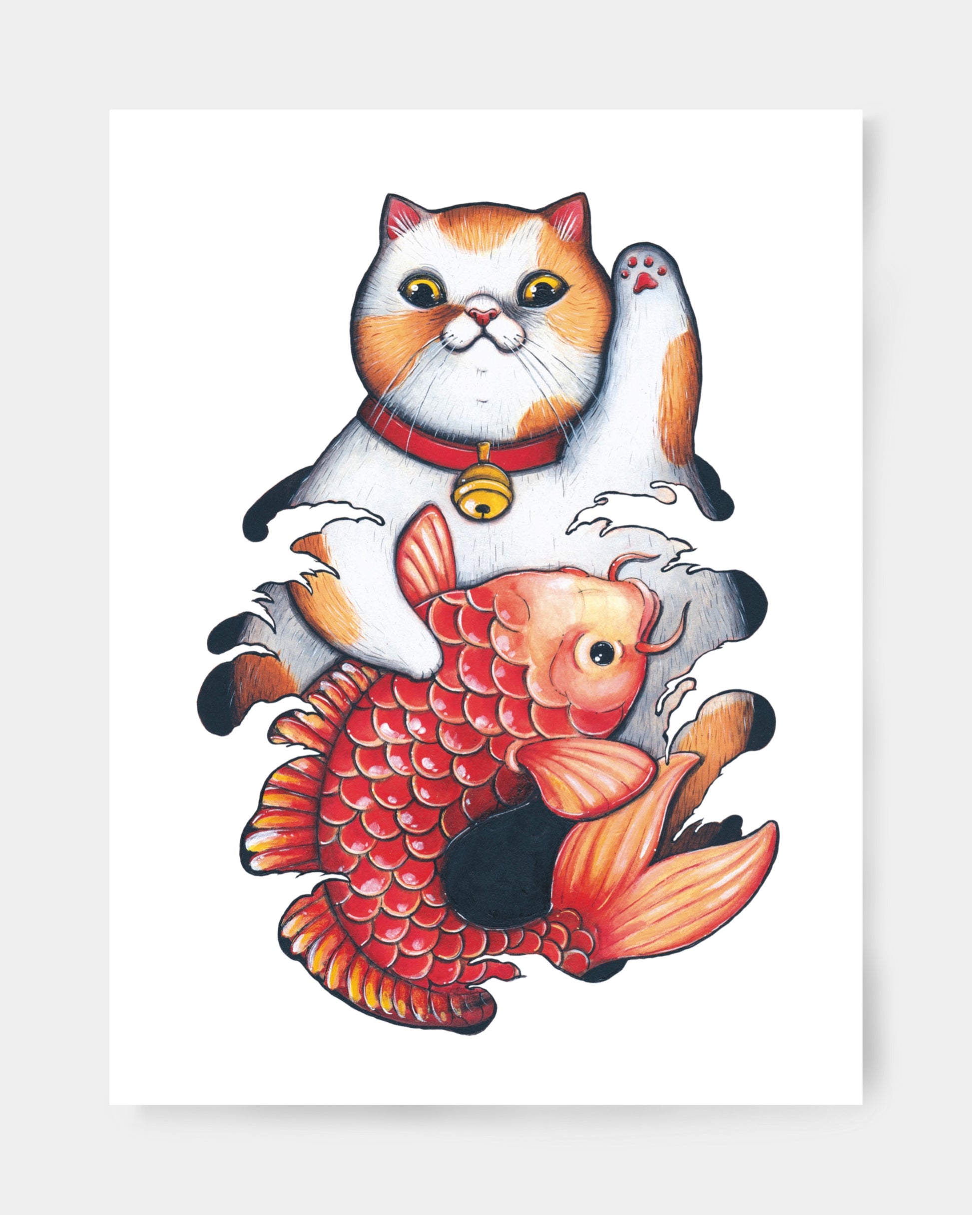 maneki neko gatto giapponese porta fortuna con carpa koi