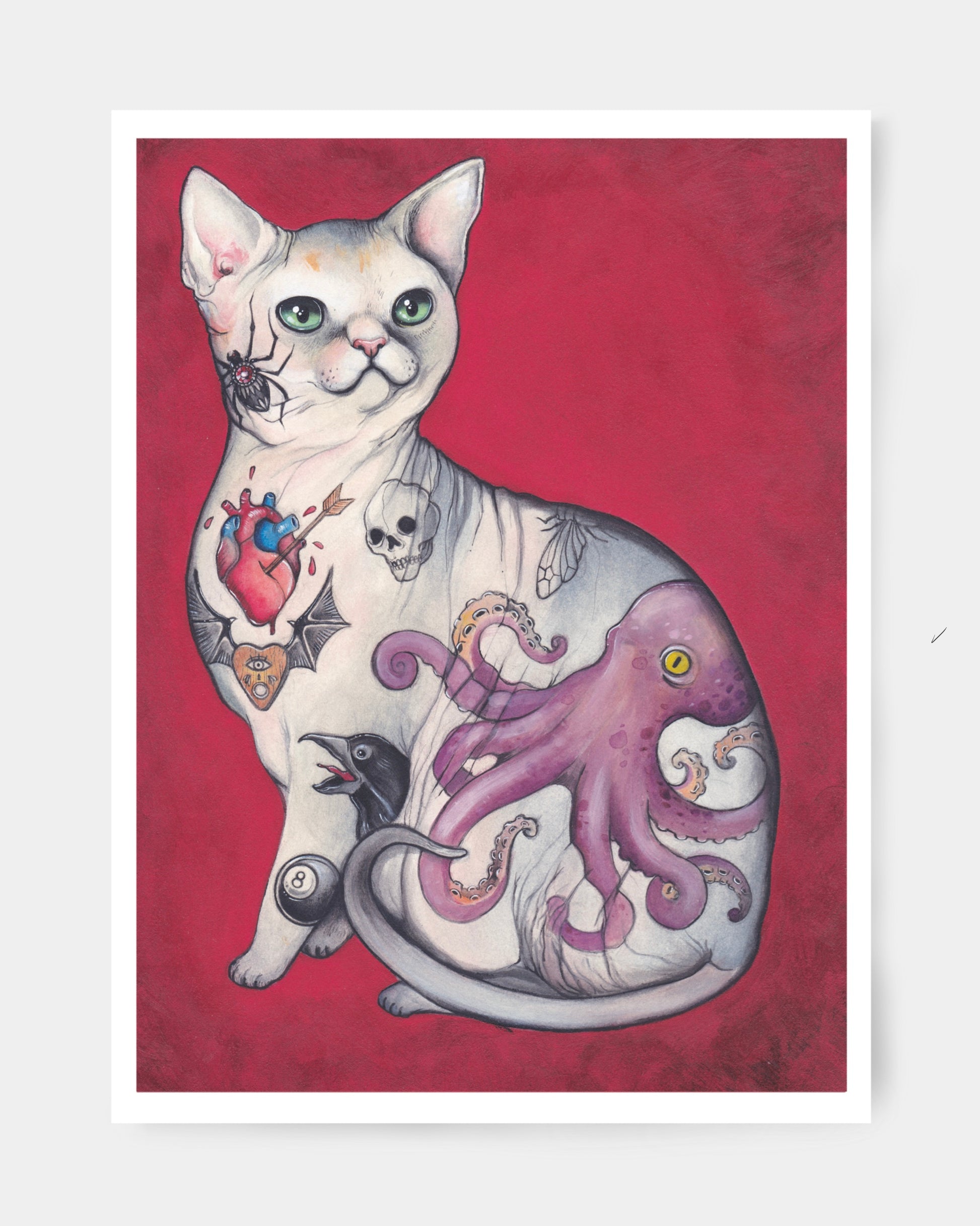sphynx con tatuaggi neotraditional su sfondo porpora