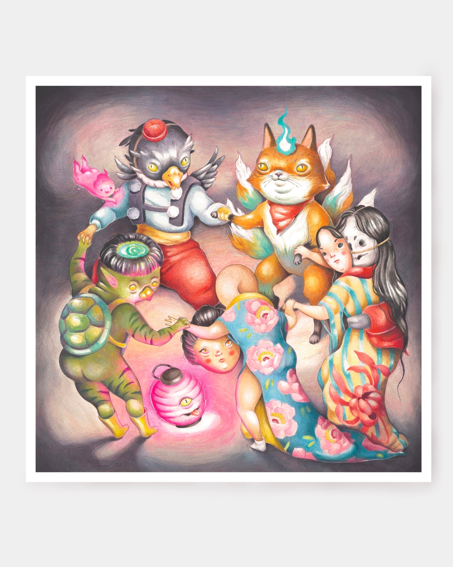 Parata degli yokai, stampa con kitsune, karasu tengu, hone onna, kappa e rokurokubi. Scena notturna di demoni giaponesi.